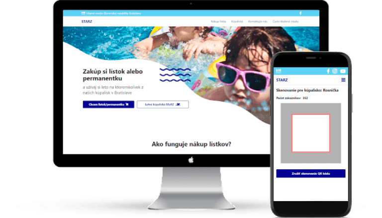 Na monitore a mobilnom zariadení sa nachádza mockup kúpalísk Bratislava